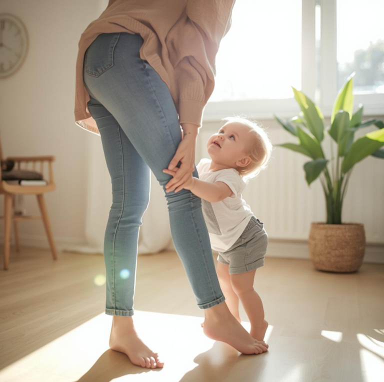 toddler holding mother's leg