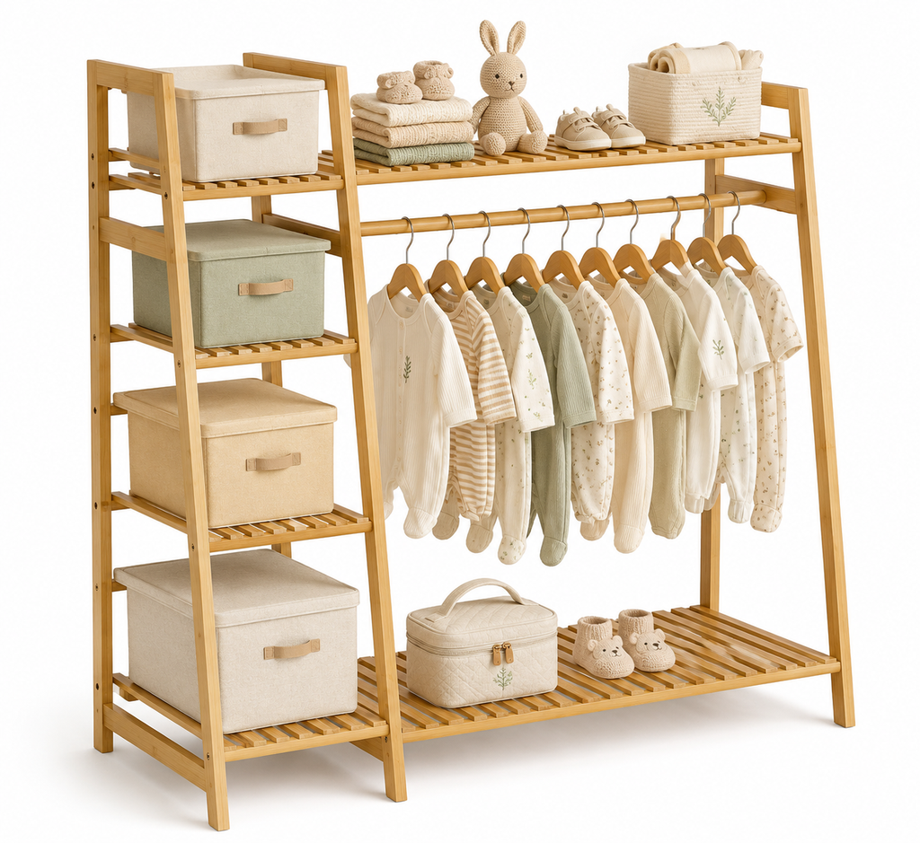 Bamboo kids clothes rack for toddlers.