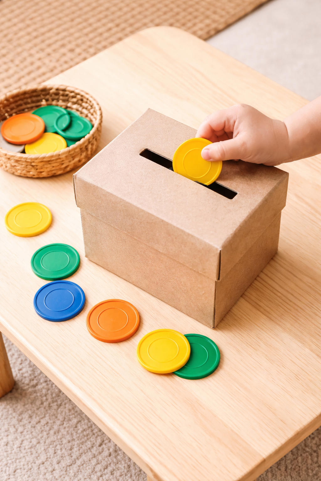 toddler posting wooden coins