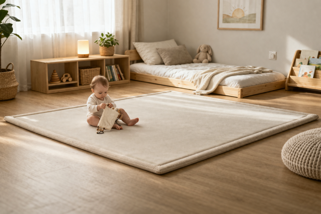 toddler sitting on beige rug