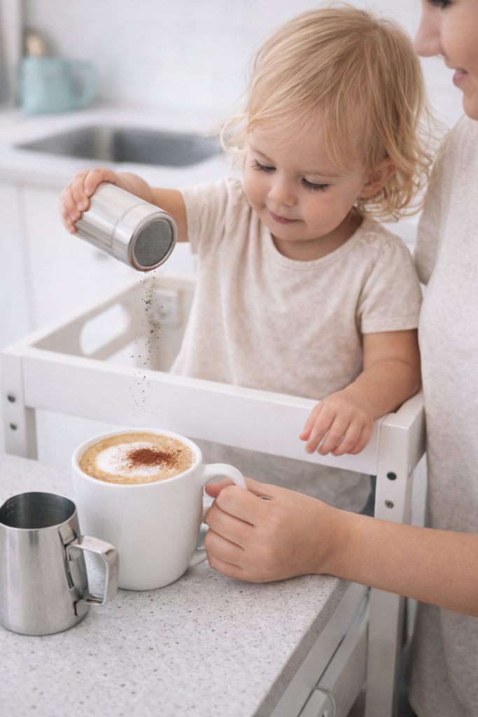 girl sprinking cocoa powder into mum's cappuccino