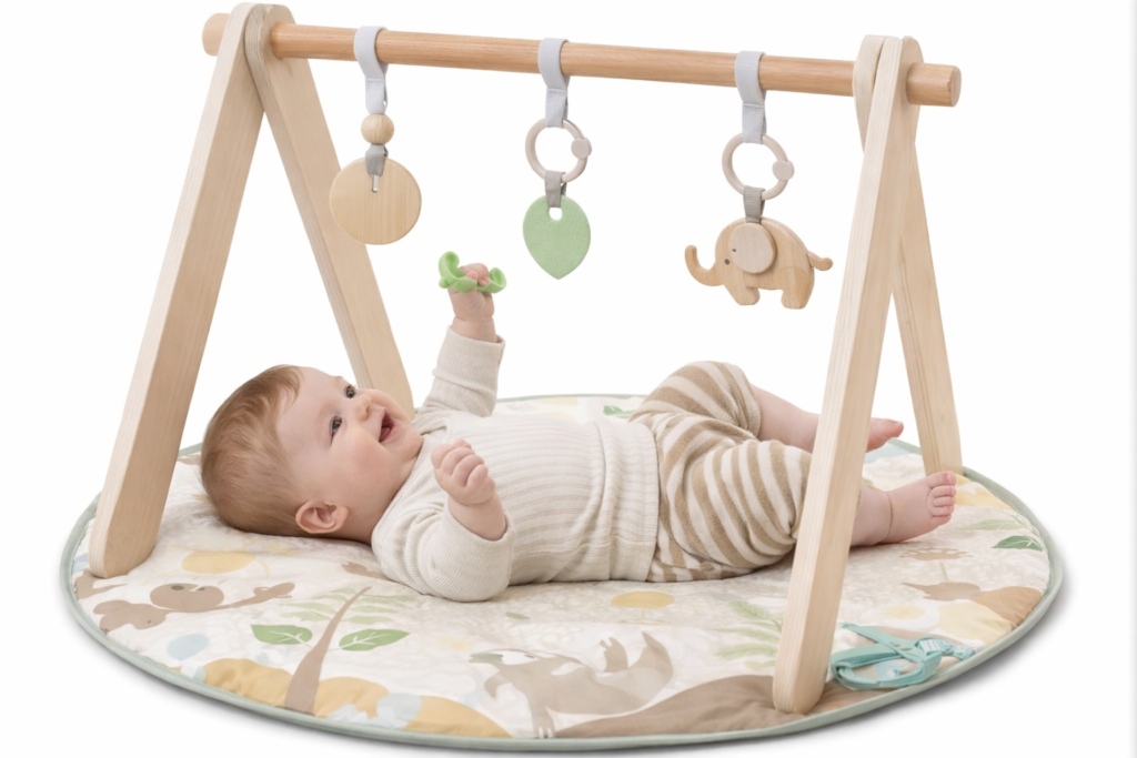 toddler playing on a play gym