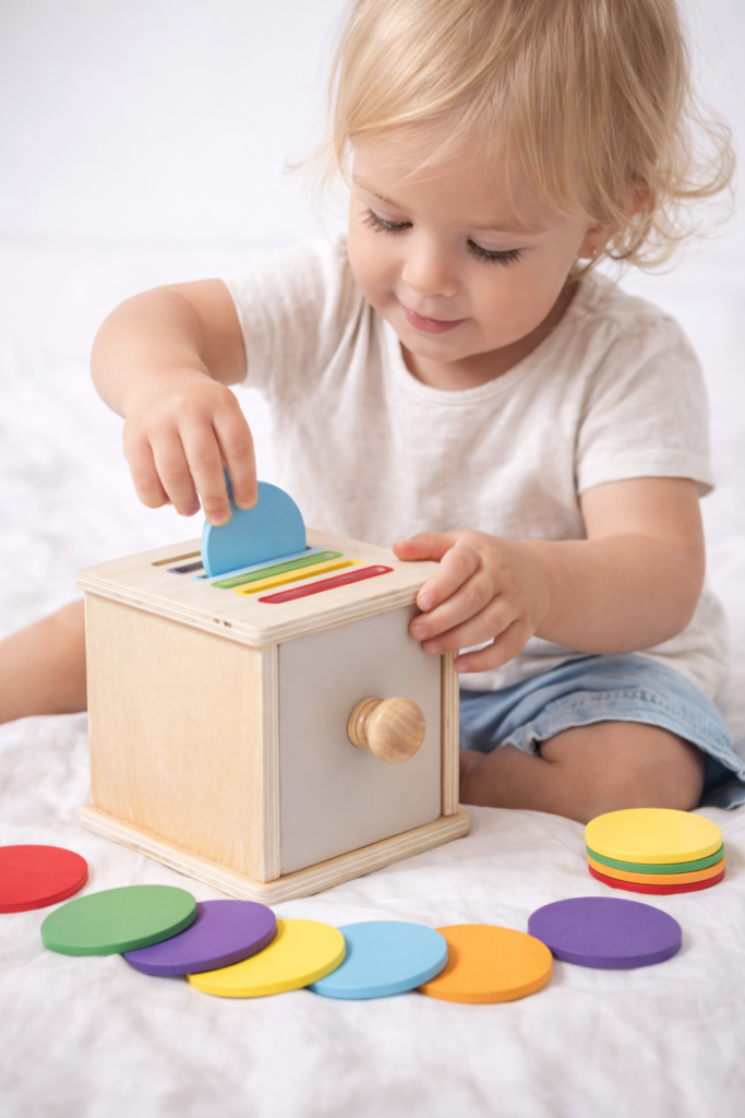 toddler playing with wooden posting box
