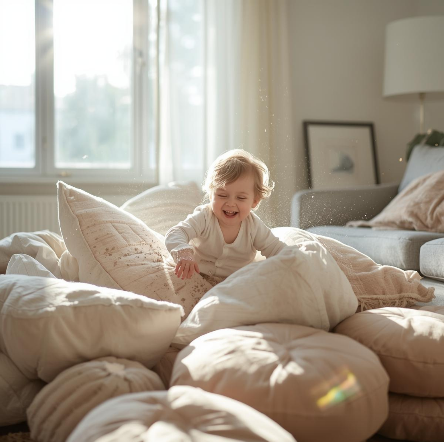 toddler playing with cushions