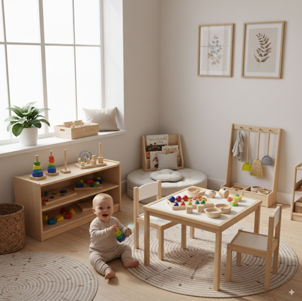 montessori playroom with toddler playing