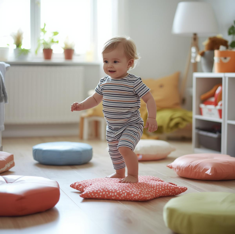 toddler walking on cushions