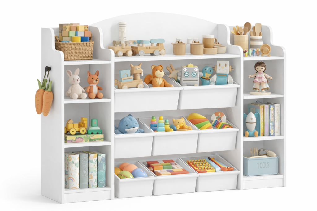 low shelf storage for toddlers filled with toys