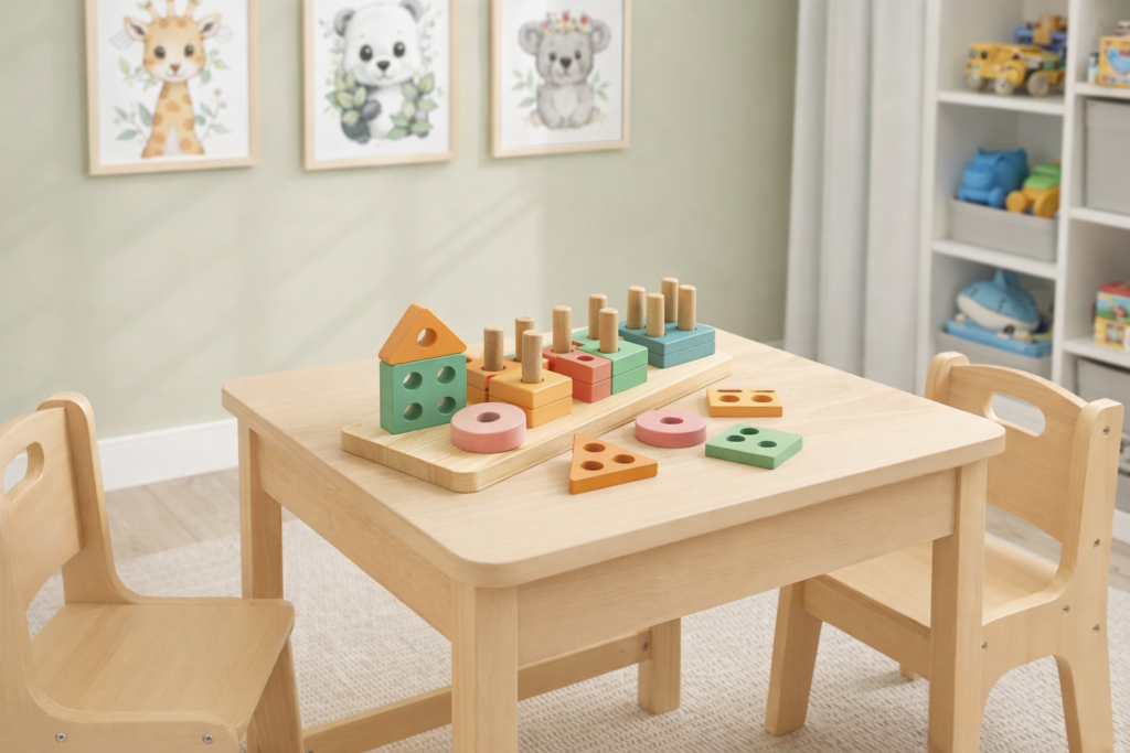 wooden stacking toy with pins