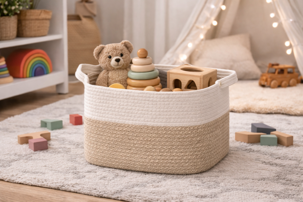woven basket filled with toys