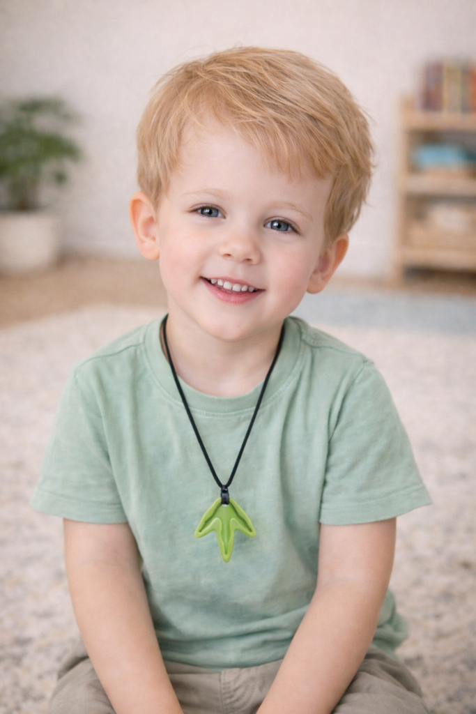 3 year old toddler with a chewable necklace
