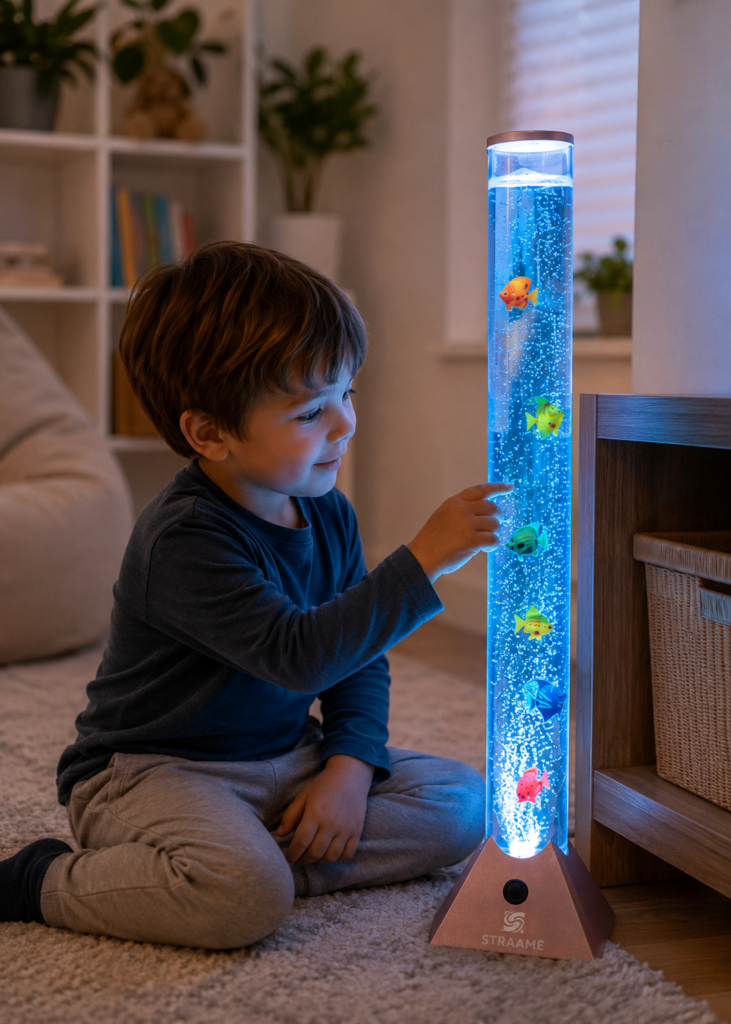 Child exploring colourful sensory lamp