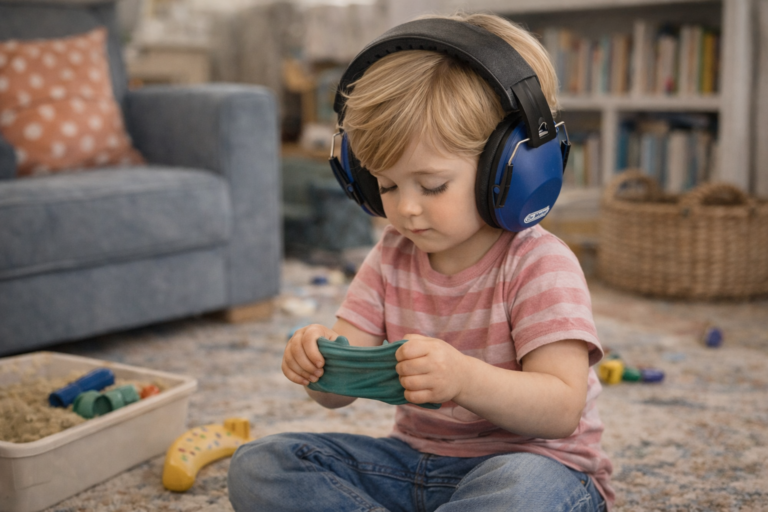 Child playing with stretchy toy with earphones