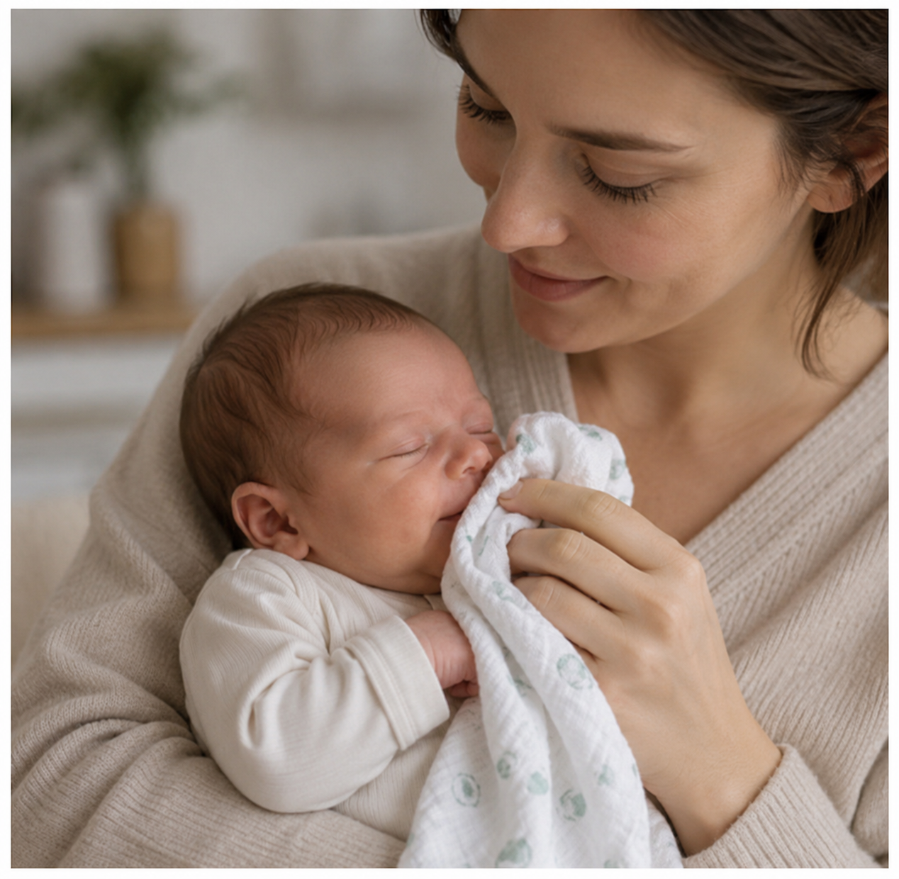 mum wiping babys face with muslin cloth