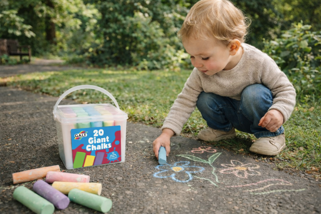 toddler drawing on the ground with chalk