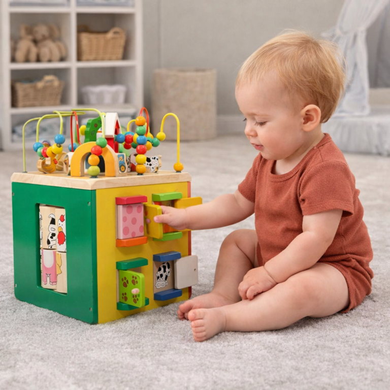 1 year old playing with activity cube