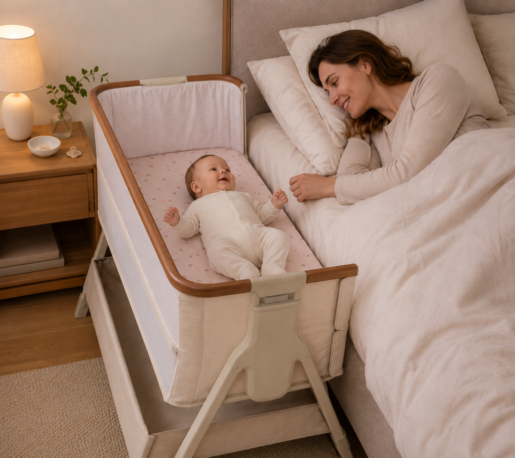 newborn sleeping in bedside crib