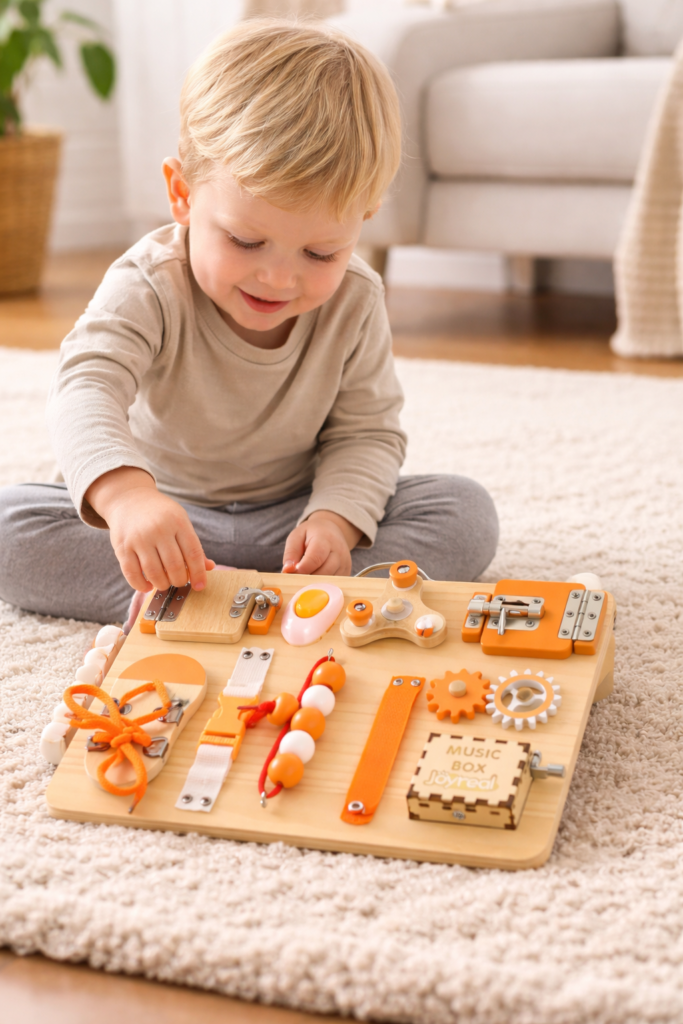 toddler playing with montessori busy board