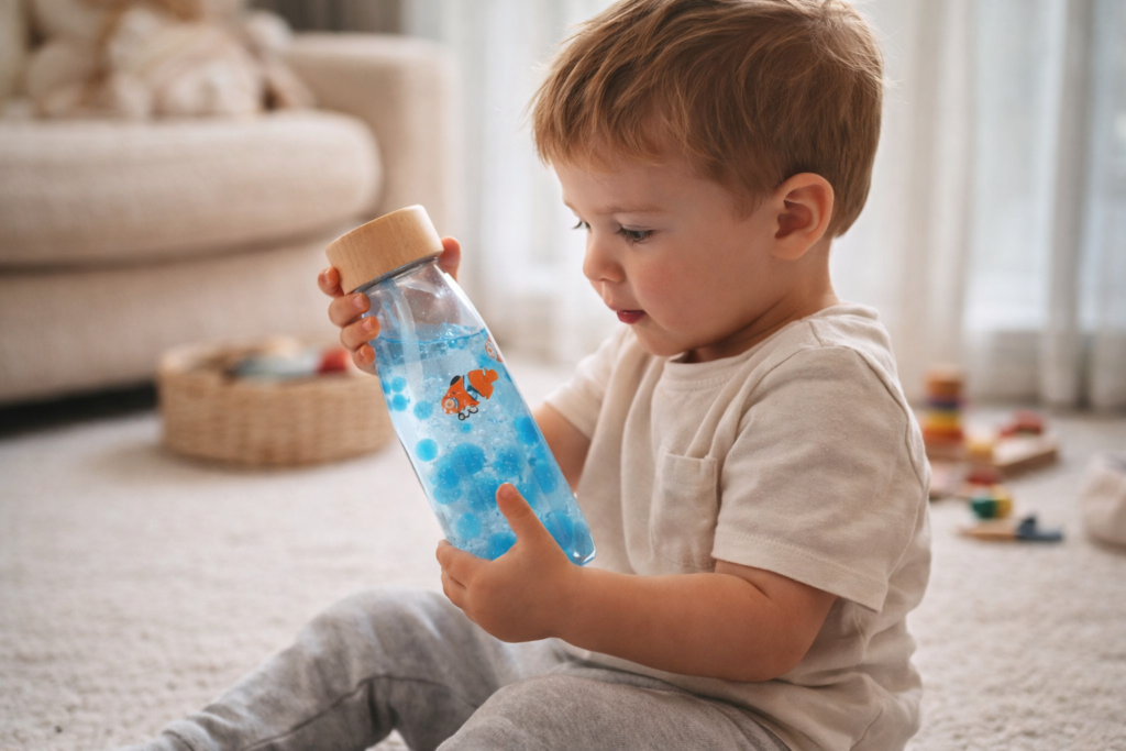 toddler playing with calm down tool bottle