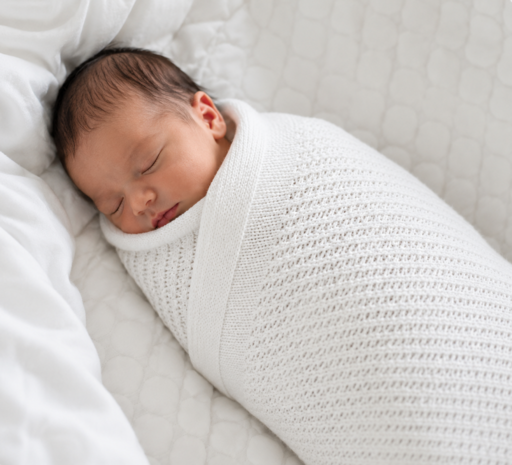 baby swaddled in cellular blanket