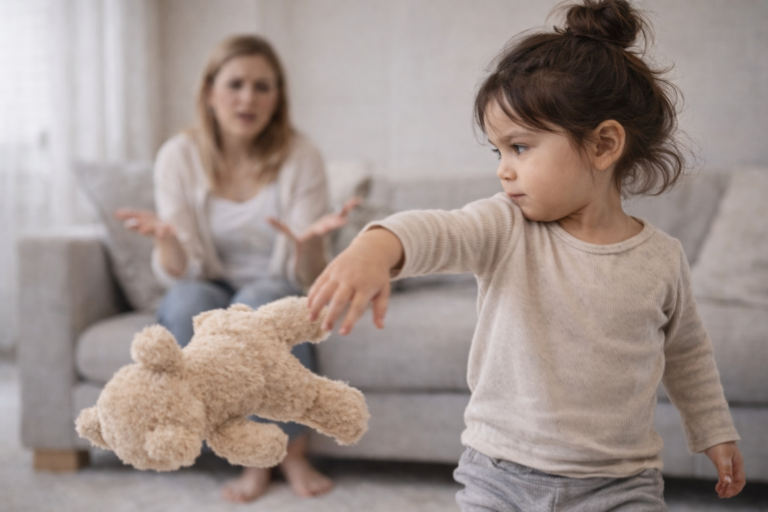 2 year old girl chucking away teddy