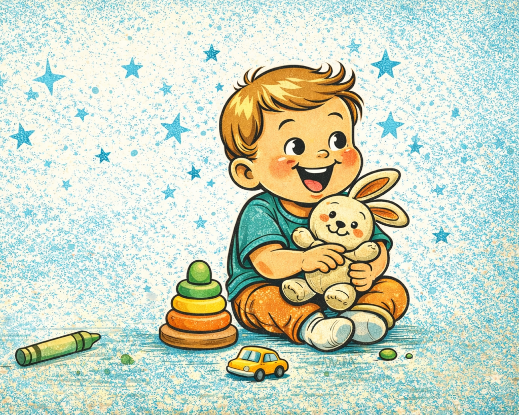 happy toddler playing with toys cartoon style