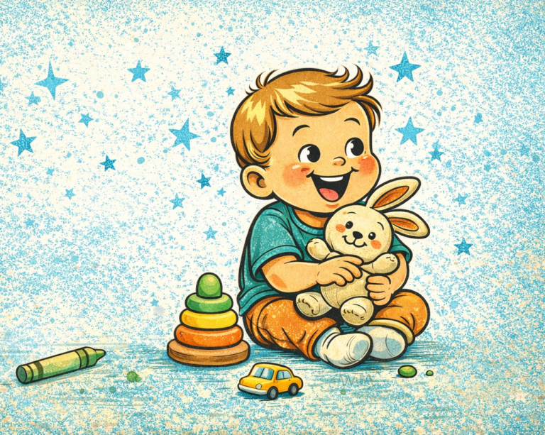 happy toddler playing with toys cartoon style