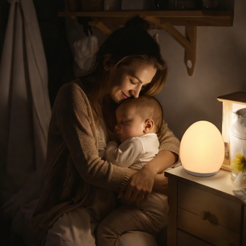 mother holding baby low light