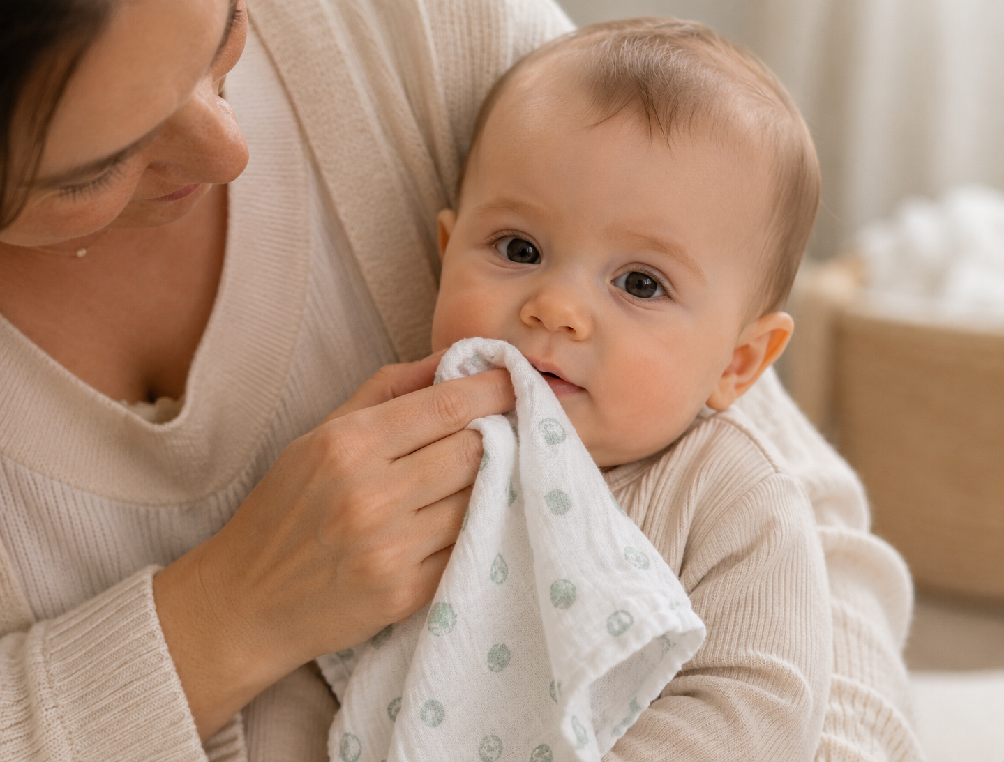 mother wiping baby's face with muslin cloth