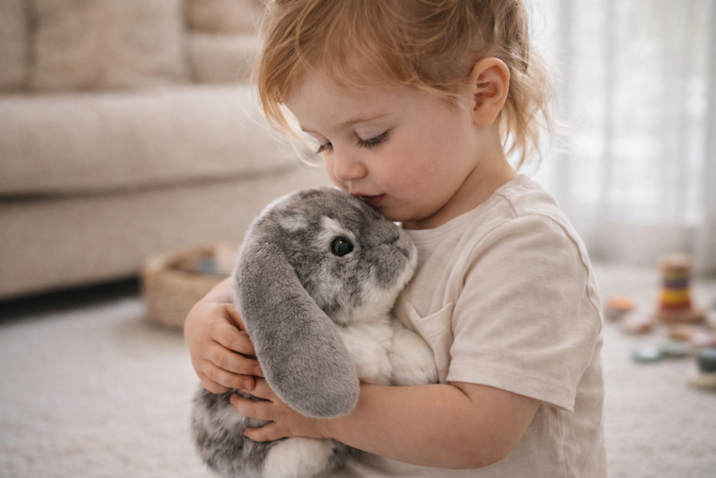 toddler holding a bunny toy