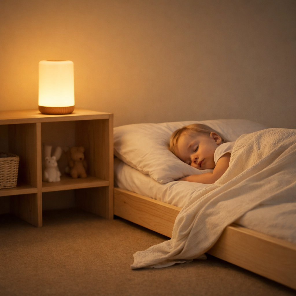 toddler sleeping with low light lamp
