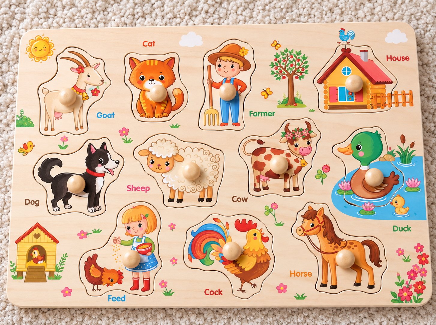Farm themed wooden peg puzzle for 1 year olds.