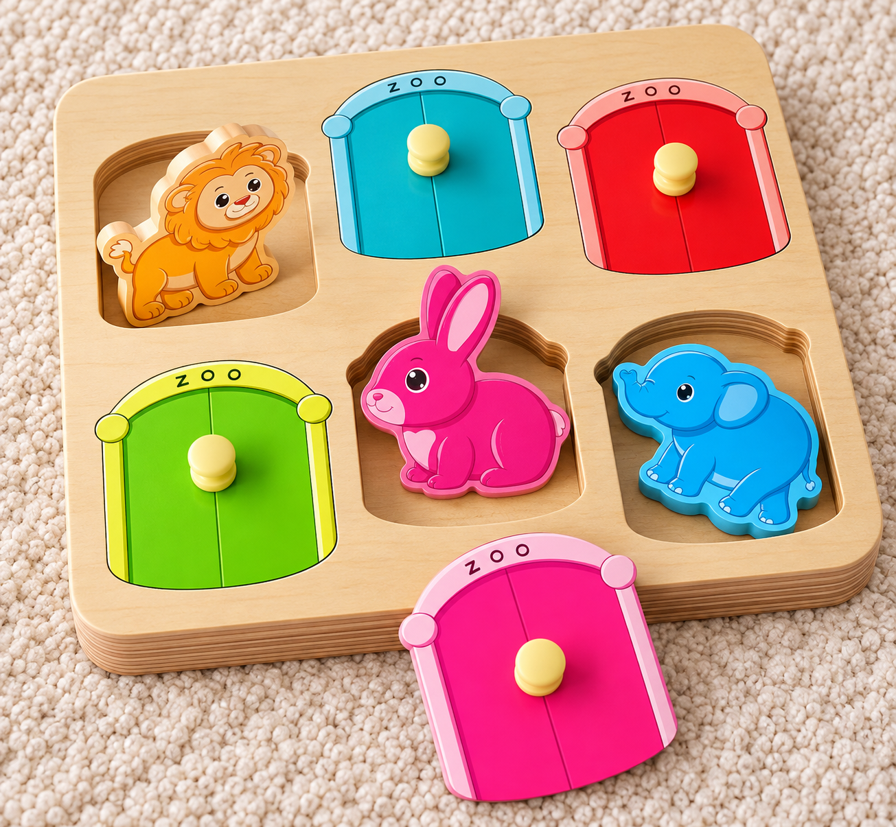 Zoo themed wooden peg puzzle for 1 year olds.