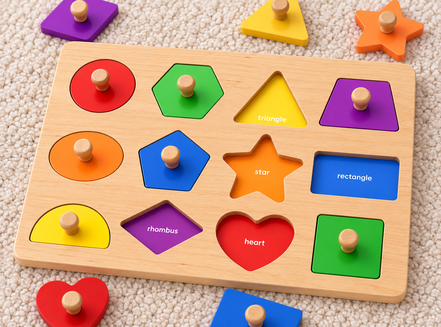 Shapes themed wooden peg puzzle for 1 year olds.
