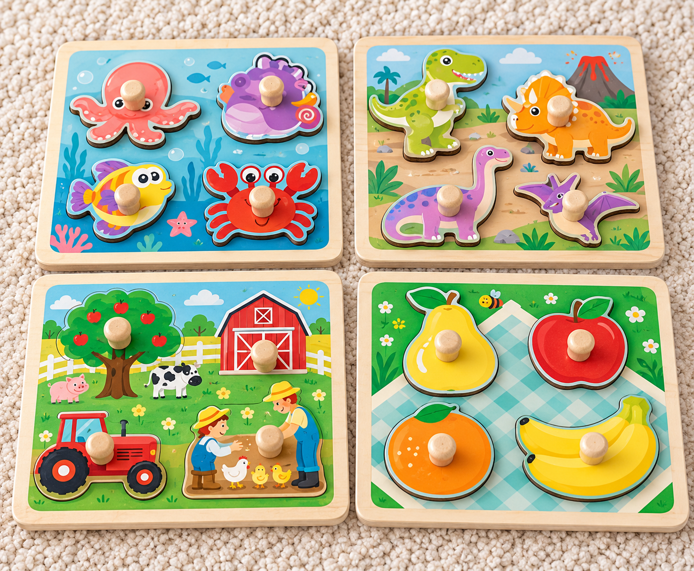 Animals, farm, dinosaurs and fruits themed wooden peg puzzle for 1 year olds.
