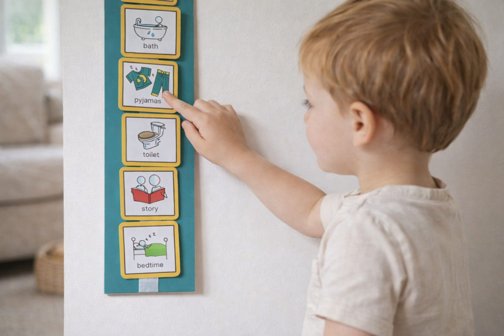 toddler pointing at routine chart