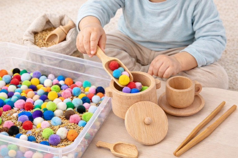 toddler transferring pompoms