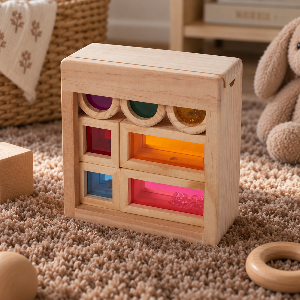 Colourful Wooden Sensory Toy on Shaggy Carpet
