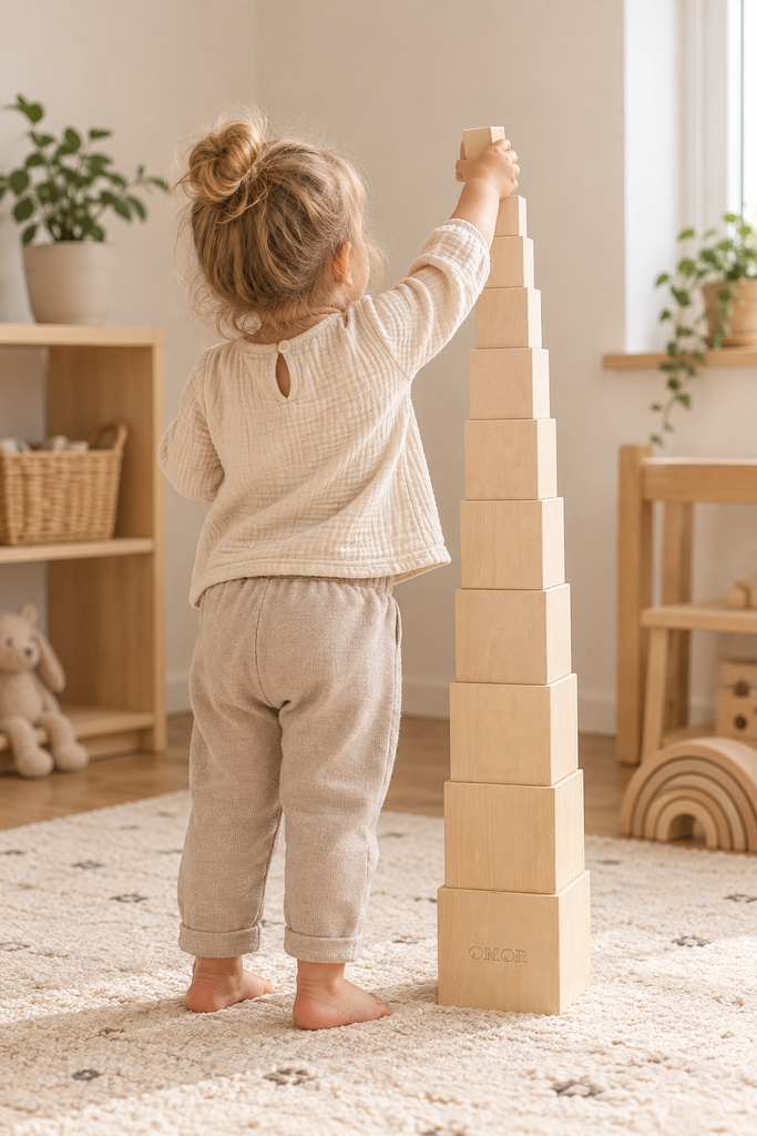 Wooden Montessori sorting cube in pure wood.