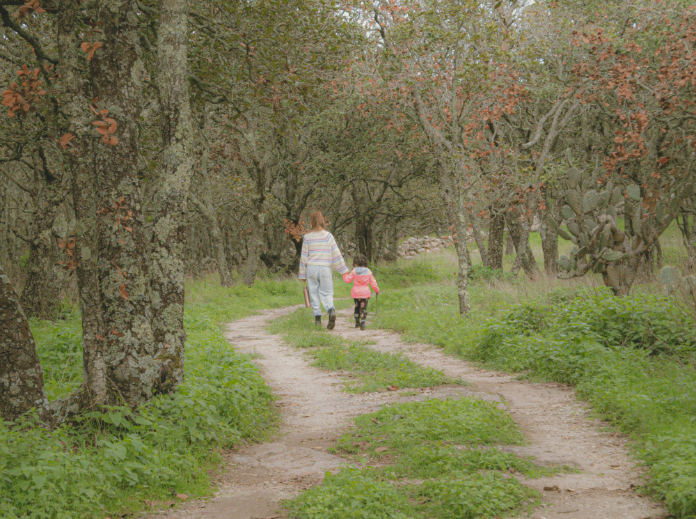 toddler and mother walking in the woods