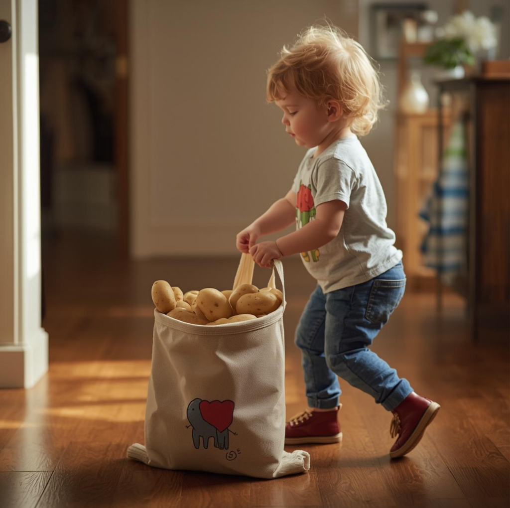 toddler carrying shopping bag