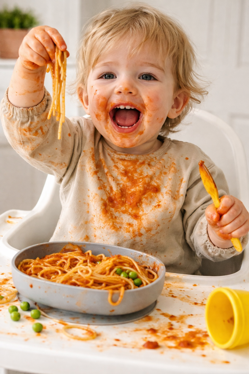 toddler eating pasta messily