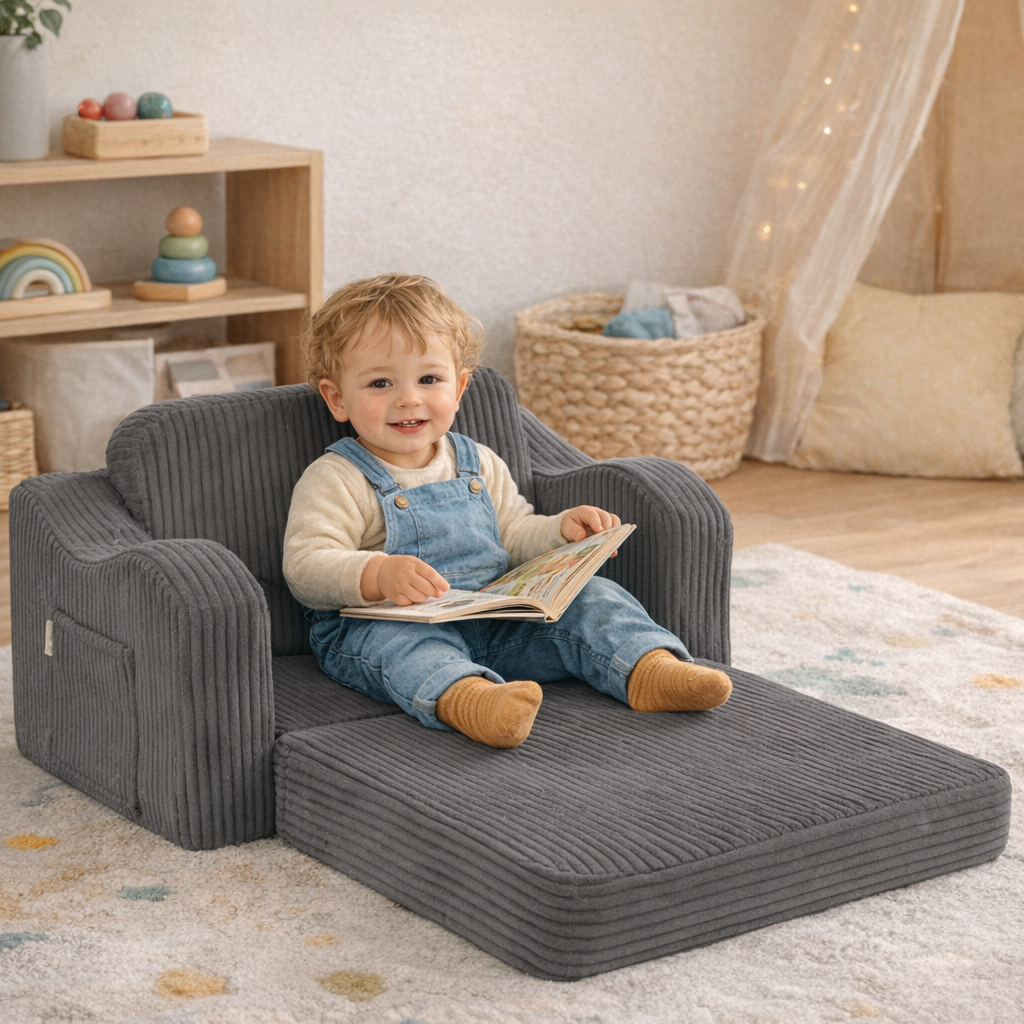 toddler sitting in a folding armchair