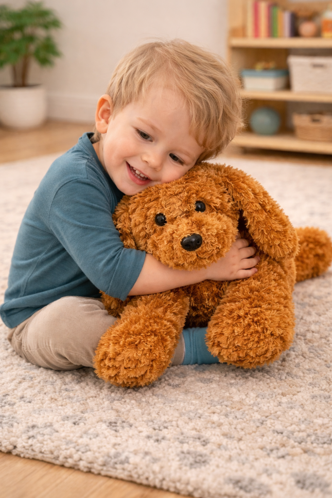toddler holding a weighted lap pad