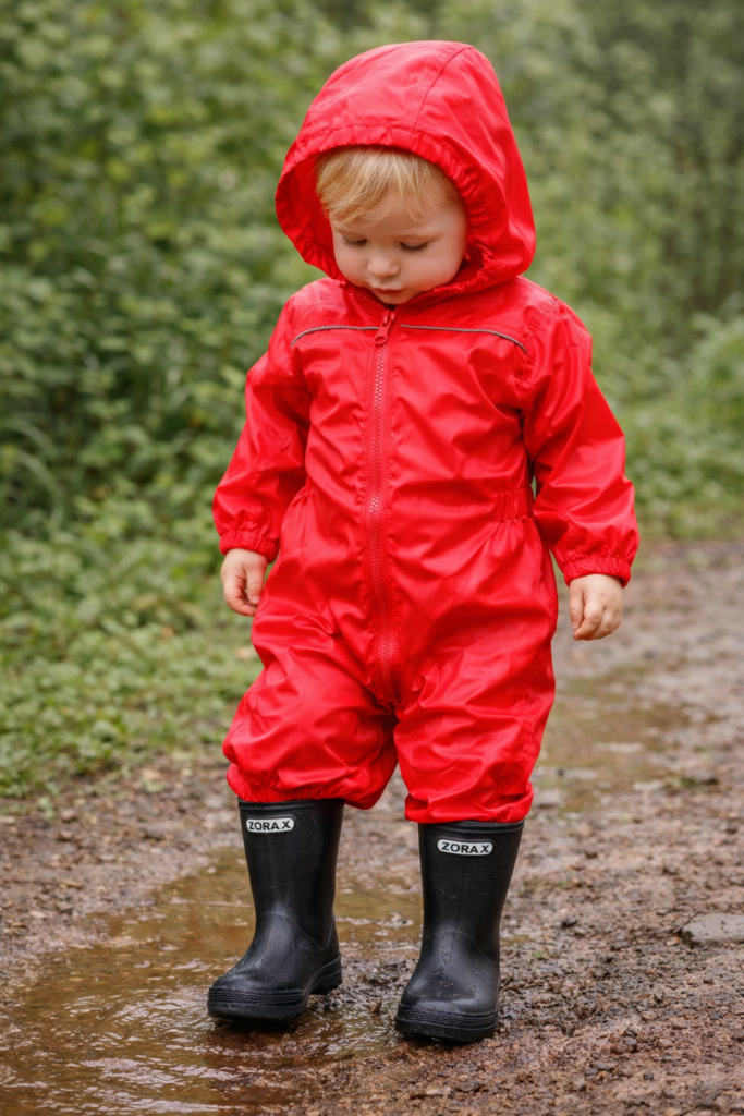 toddler in puddle suit and wellies in the mud