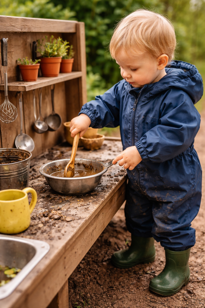 toddler playing in mud kitchen
