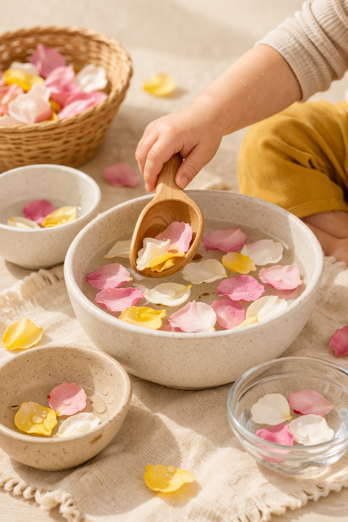toddler playing with a bowl of water and petals