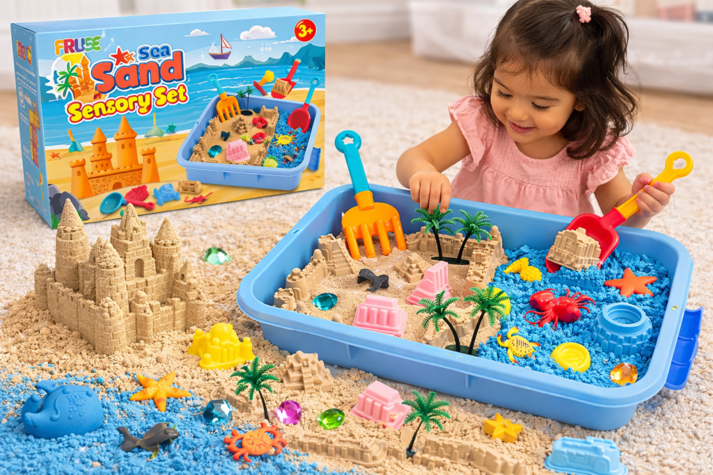 toddler playing with a sand sensory set