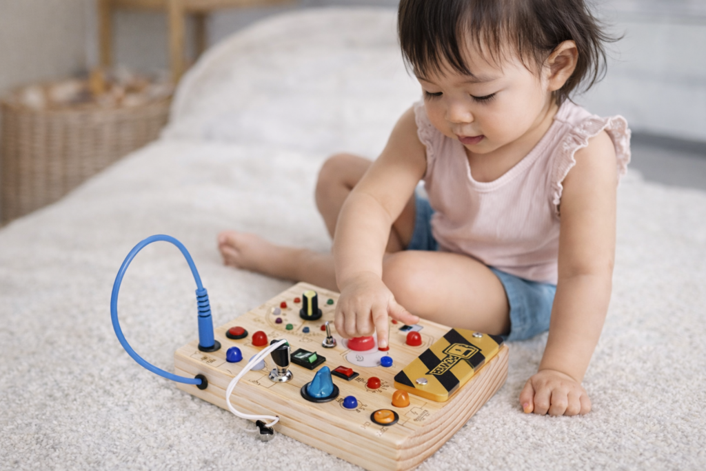 toddler playing with busy board switches