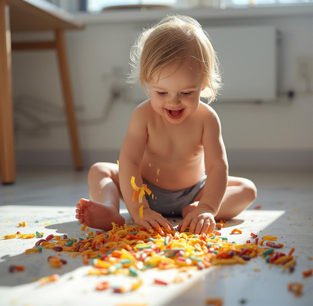 happy toddler playing with pasta