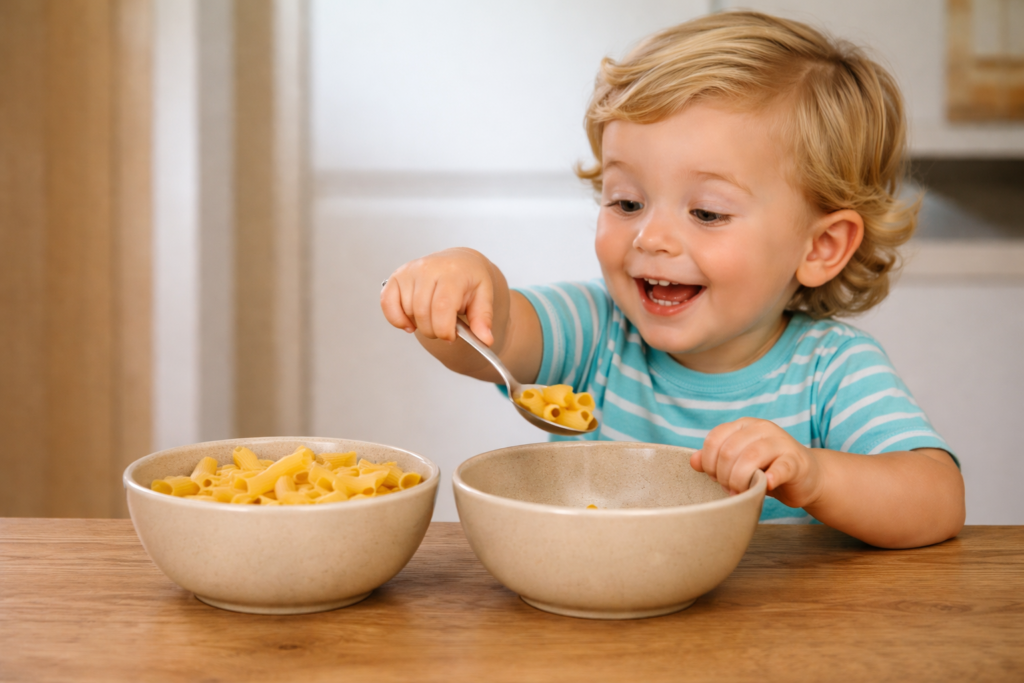 toddler transferring pasta with a spoon